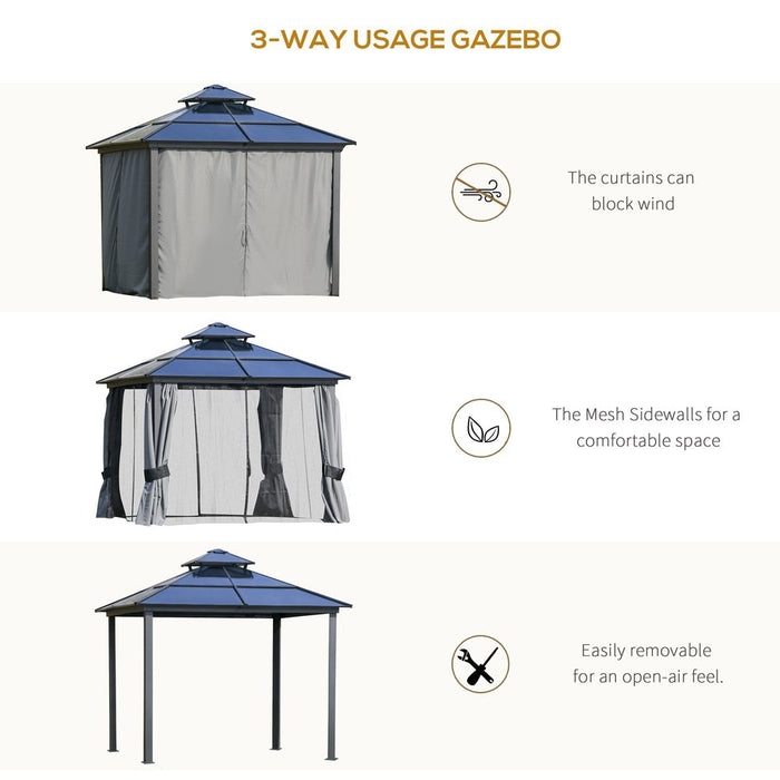 3x3m Hardtop Gazebo Canopy Double-Tier Steel Frame, Curtains & Net