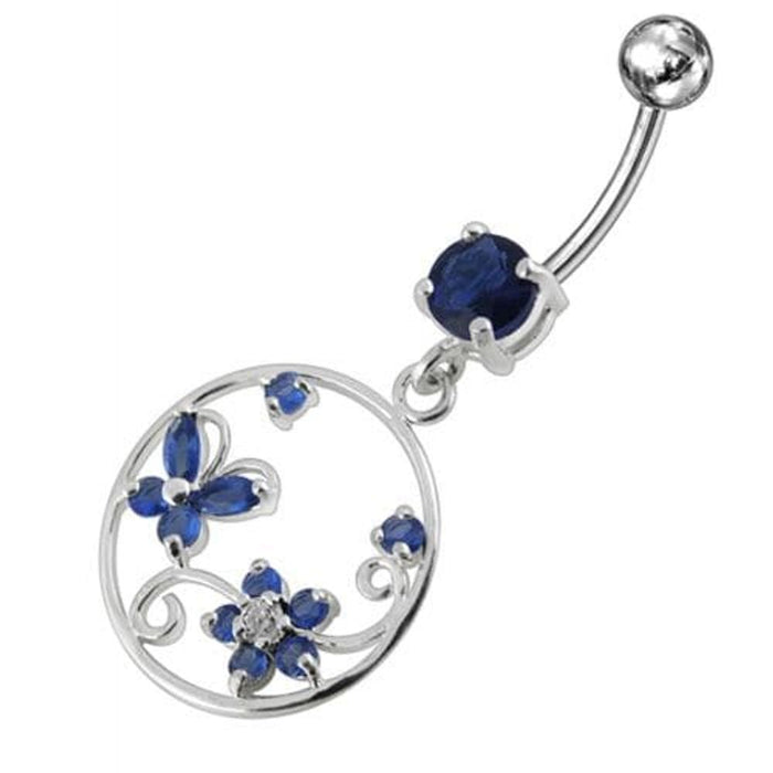 Jeweled Fancy Silver Dangling SS Curved Bar Belly Ring