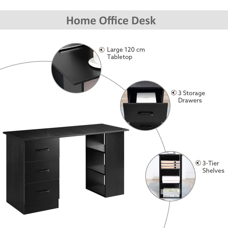 Modern Black 120cm Computer Desk Shelf, Drawers - High-Quality Black