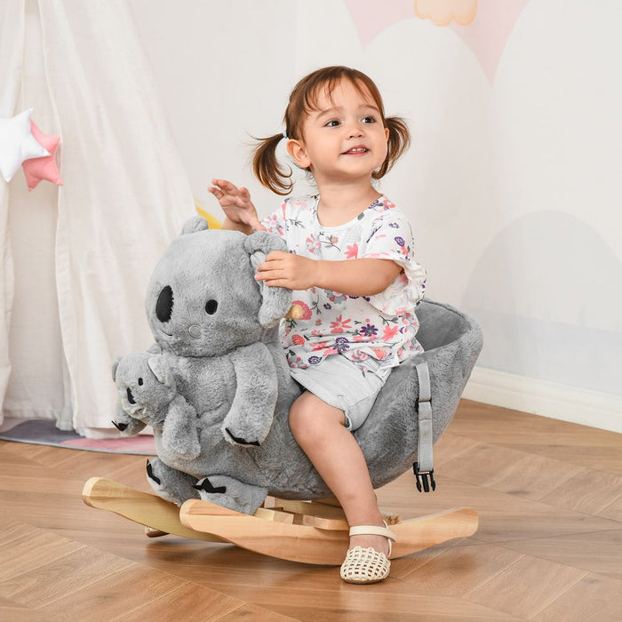 HOMCOM Kids Toddler Rocking Horse Plush Ride On Koala Rocker Wooden Base Seat Safety Belt w/Gloved Doll Toy for 18-36 Months Grey