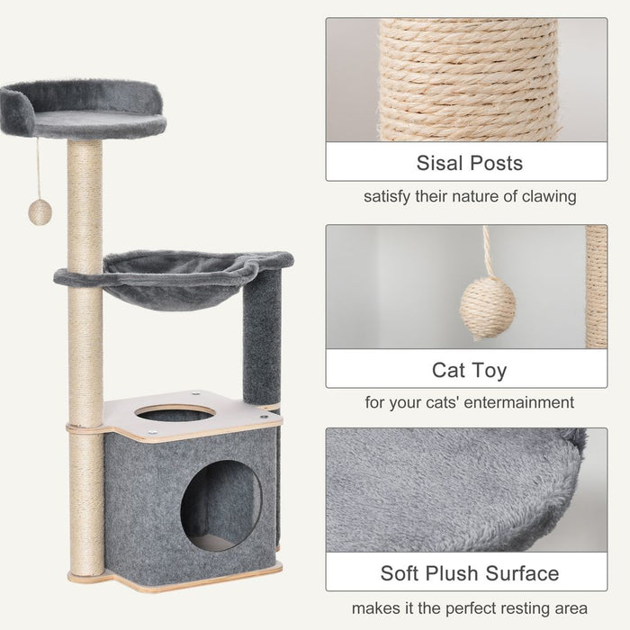 PawHut Cat Tree for Indoor Cats 95cm Climbing Tower Kitten Activity Center with Sisal Scratching Post Perch Roomy Condo Hammock Removable Felt Hanging Toy, Grey