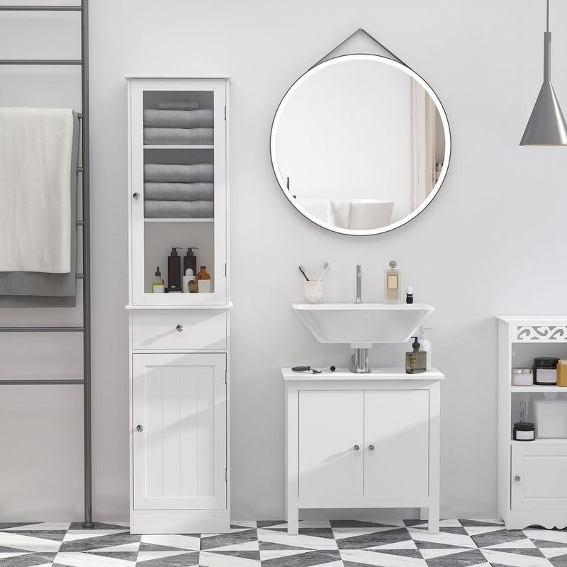 Bathroom Storage Cabinet: 3-tier Shelf, Glass Door, White