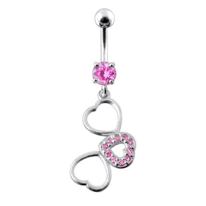 Fancy Jeweled Multi Heart Dangling SS Curved Navel Ring