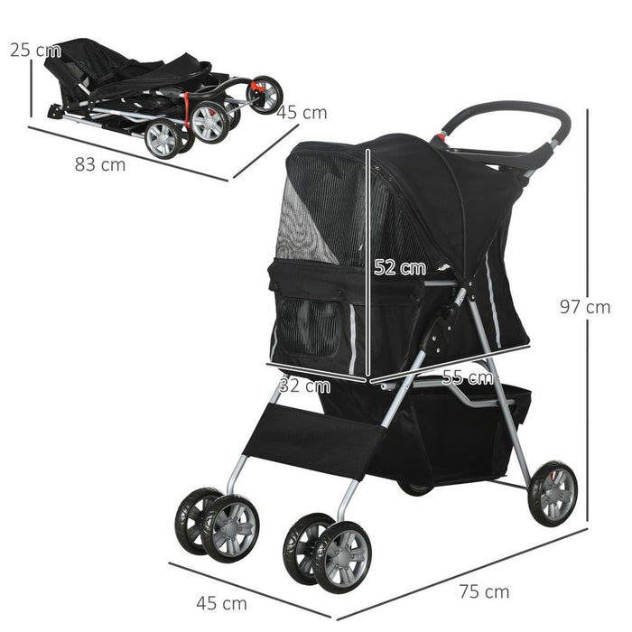 Foldable Deluxe Pet Stroller Carrier - Jogger, Travel, Walk - Dog, Cat - Black