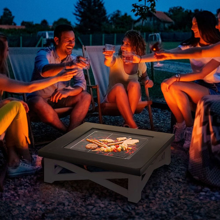 Outsunny 86cm Square Garden Fire Pit Square Table w/ Poker Mesh Cover Log Grate