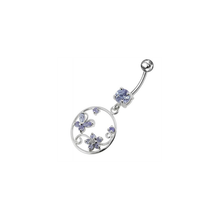 Jeweled Fancy Silver Dangling SS Curved Bar Belly Ring