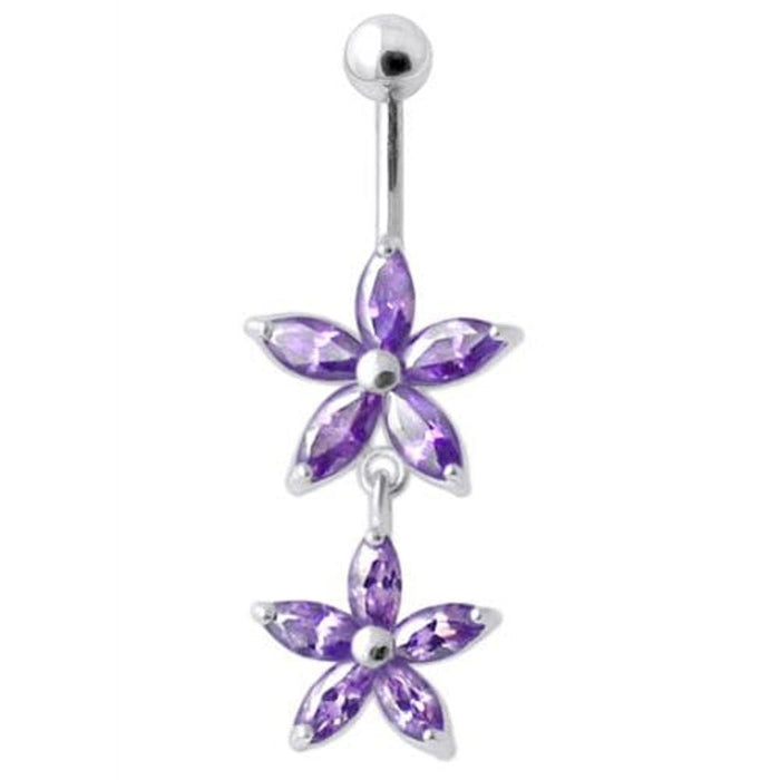 Jeweled Multi Flower Silver Dangling Belly Button Ring