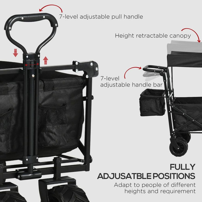 Foldable Trolley Cart w/ 4 Wheels, 2 Compartments, Canopy | Black - High Quality