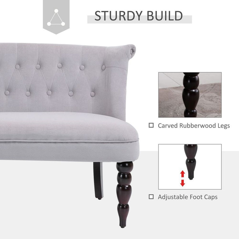 Vintage-Style French Lounger Couch - Velvet Upholstery, Wood Frame - 2 Seats