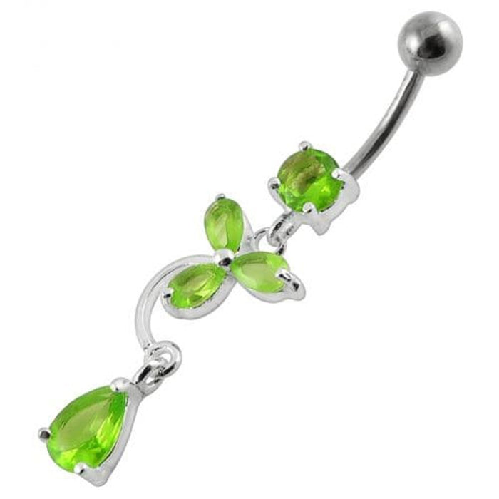 Fancy Flower Jeweled Dangling Banana Bar Belly Ring