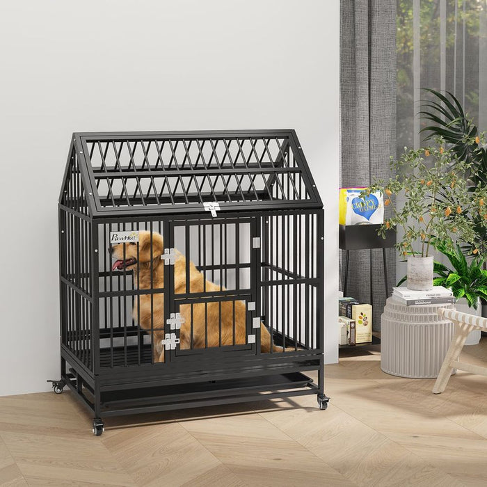 Premium XL Dog Crate on Wheels, 43" Heavy Duty, Removable Tray, Log Design