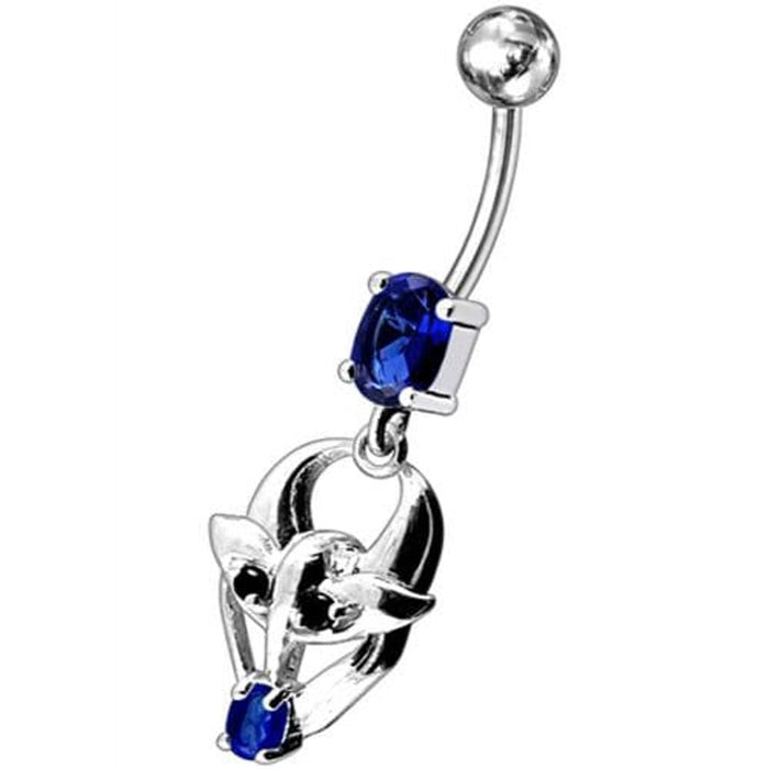 Fancy Jeweled Gothic Skull Silver Dangling With SS Bar Belly Ring