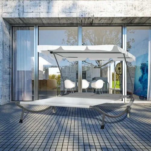 Double Hammock Sun Lounger Bed Canopy Shelter Wheels 2 Pillows Cream White 88.94