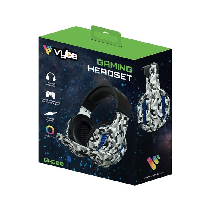 Vybe Camo Gaming Headset - PS, Xbox & PC - AUX-in Support - Artic Grey - LED Lights - Compatible - User Manual