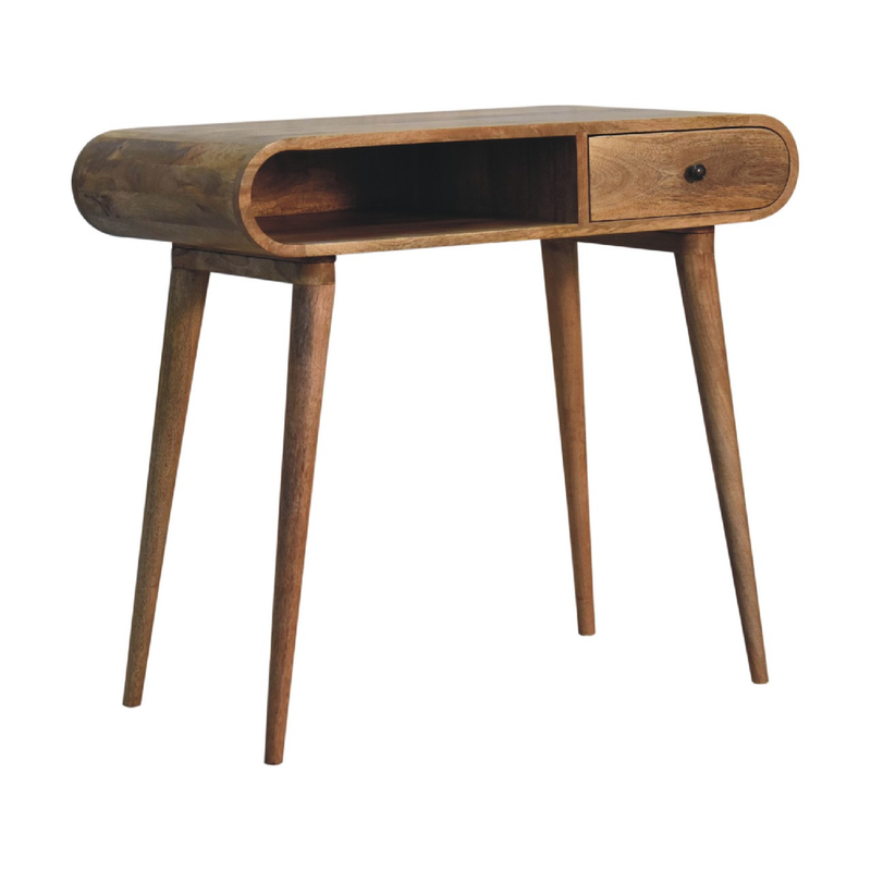Artisan Furniture Solid Wood Curved Oak-ish Writing Desk, 1 Drawer & 1 Shelf, Beige