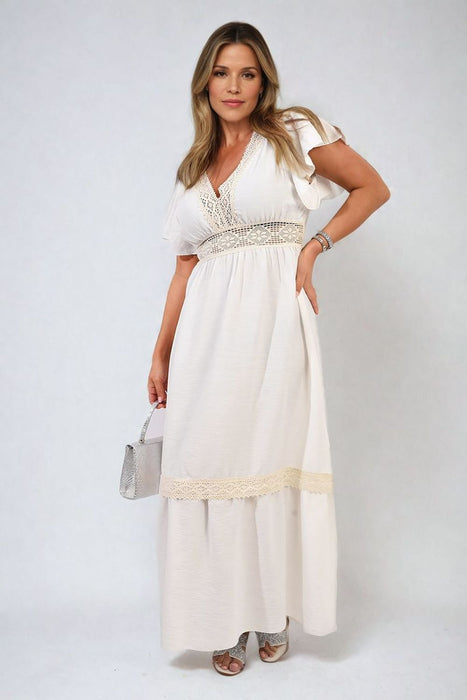 Timeless Elegance: V-neck Lace Trim Maxi Dress