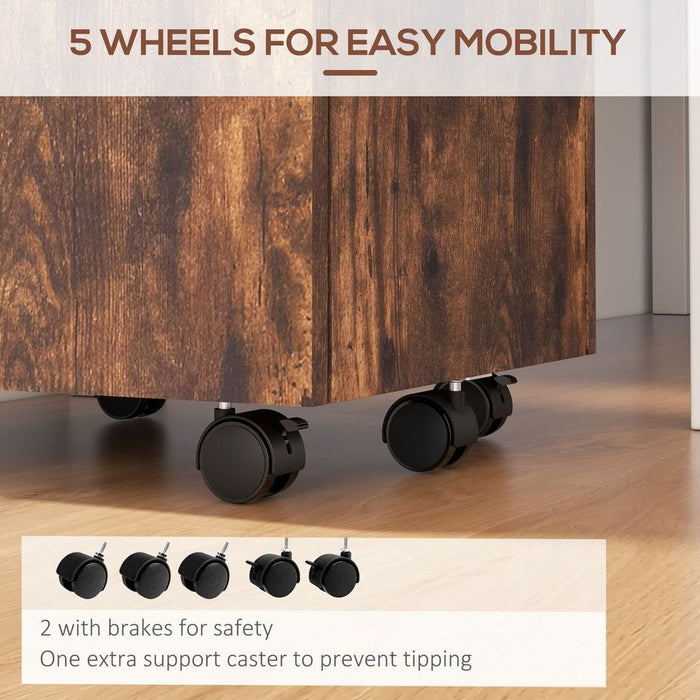 Premium Vinsetto Mobile File Cabinet - Lockable Storage w/ 5 Wheels - Rustic Brown - Sleek & Functional