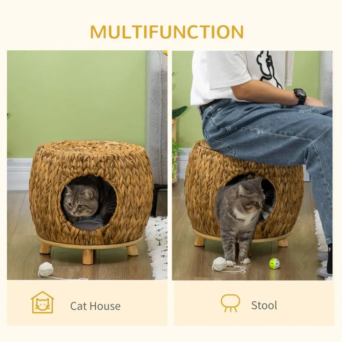 Outdoor/Indoor Rattan Cat House Stool, Wicker Kitten Bed w/ Cushion - High Quality