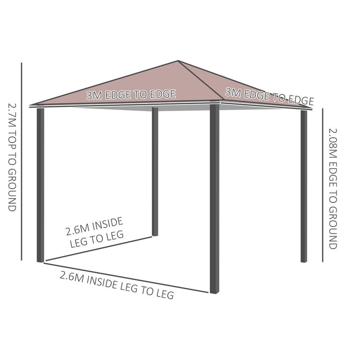 Outsunny 3x3m Metal Gazebo: Sun Shade Party Tent Canopy Pavilion