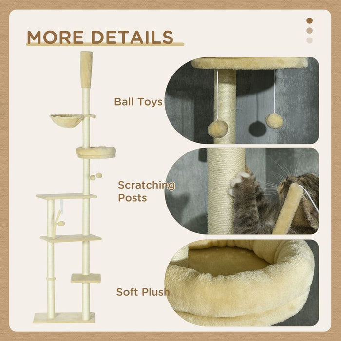 Ultimate Cat Paradise: 6-Tier Floor to Ceiling Cat Tree - Bed, Hammock, Scratching Post (Beige)