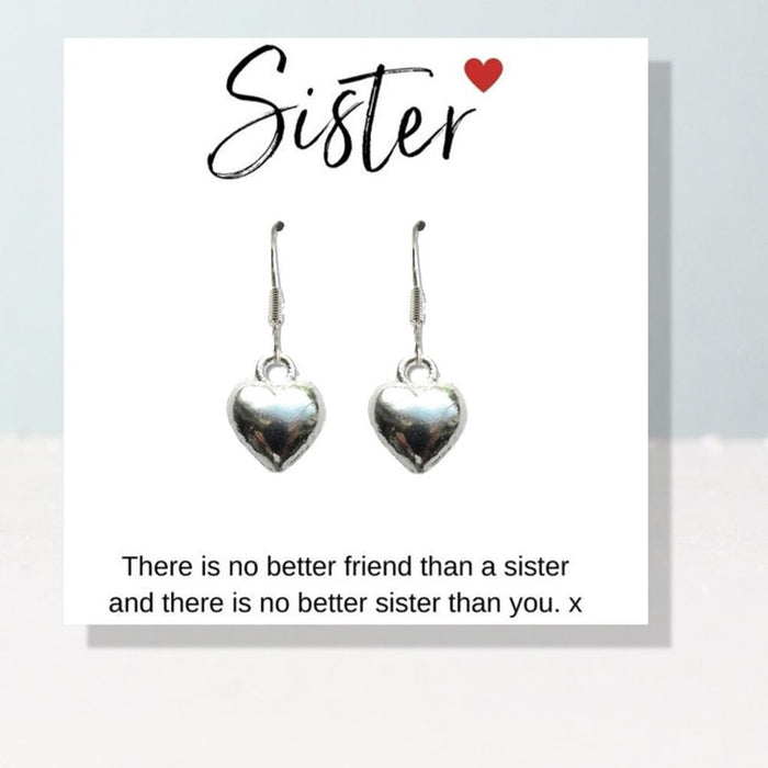 Silver Heart Earrings & Sister Message Card