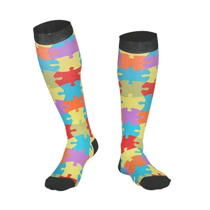 Flo Fashion Bright Pattern Knee-High Compression Sock, Puzzle, L/XL