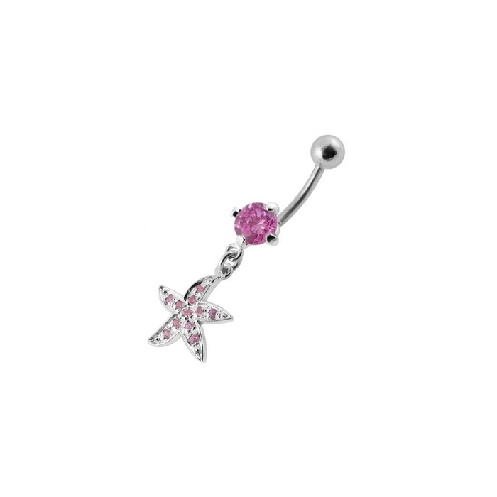 Jeweled Silver Fancy Star Dangling SS Banana Belly Ring 