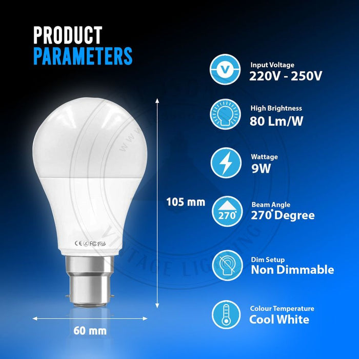 9W B22 Screw LED Light GLS bulbs, Energy Saving Edison  Cool White 6000K non dimmable lights