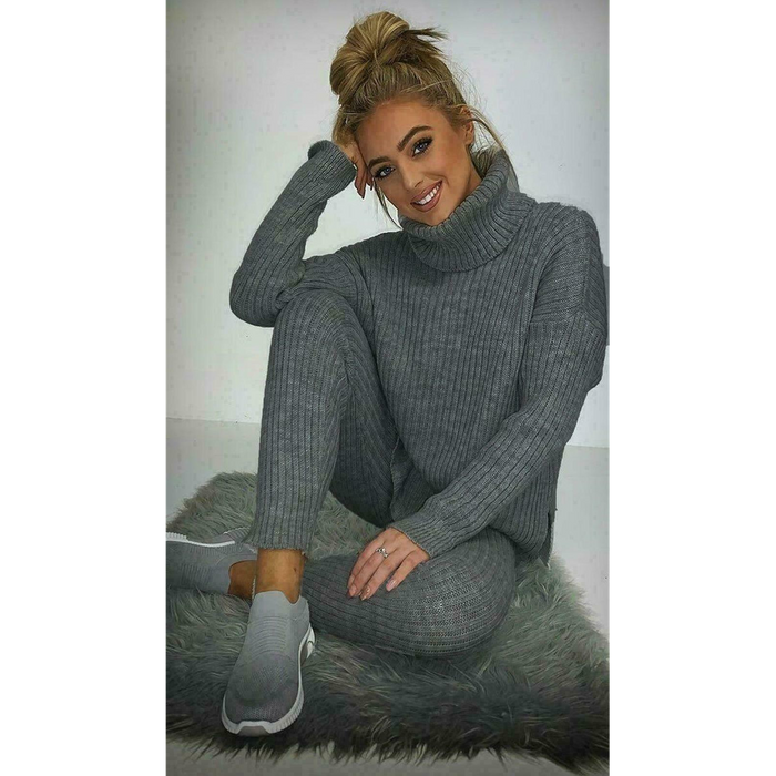 Ladies Chunky Knitted Ribbed Polo High Neck Top Leggings Loungewear Suit Set