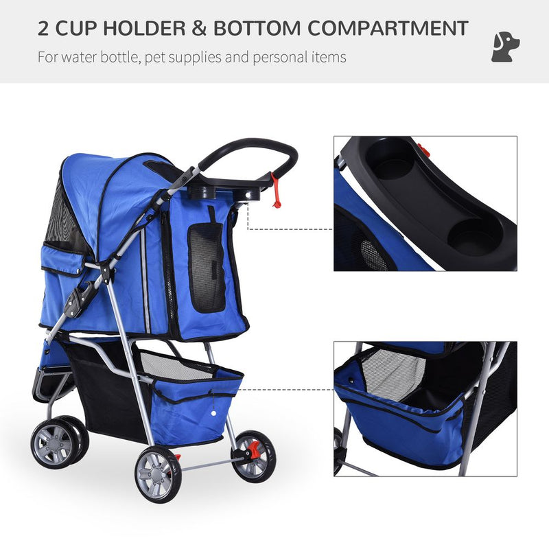 PawHut Pet Travel Stroller Cat Dog Pushchair Trolley Puppy Jogger Carrier Three Wheels for Small Miniature Dogs (Blue)