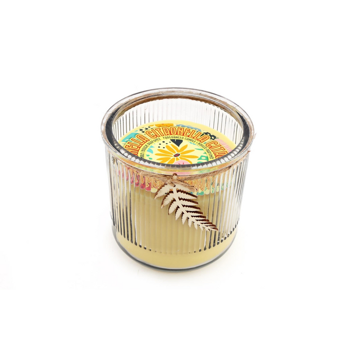 Premium Citronella Glass Candle - Uplift Your Space with Freshness - Ribbed Glass - Double Wick - Wooden Leaf Decoration! Now at Sale!