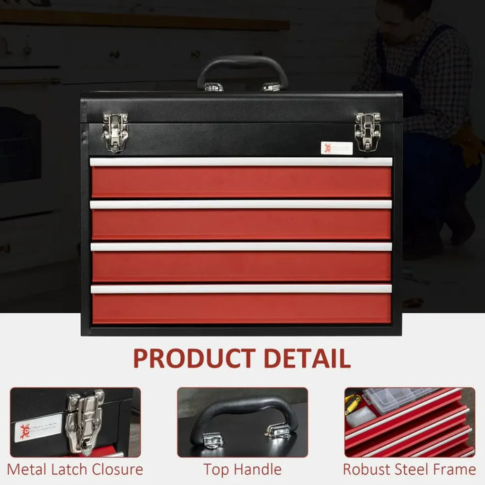 4 Drawer Tool Chest Lockable Tool Box w/ Ball Bearing Runners 51cmx22cmx39.5cm