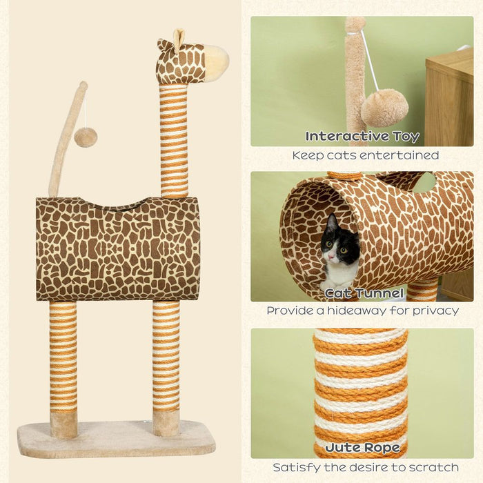 PawHut Cat Tree for Indoor Cats Cute Giraffe Kitten Play Tower w/Scratching Posts, Tunnel, Toy Ball, 48.5 x 34.5 x 101cm - Beige