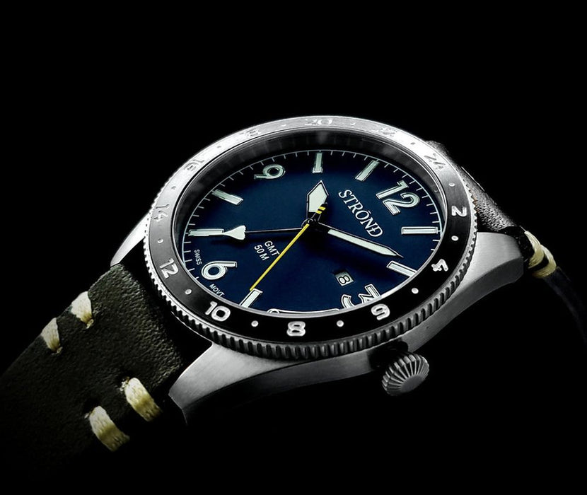 Strond SSC-101 24h GMT, All Stainless Steel & Blue, black bezel Watch