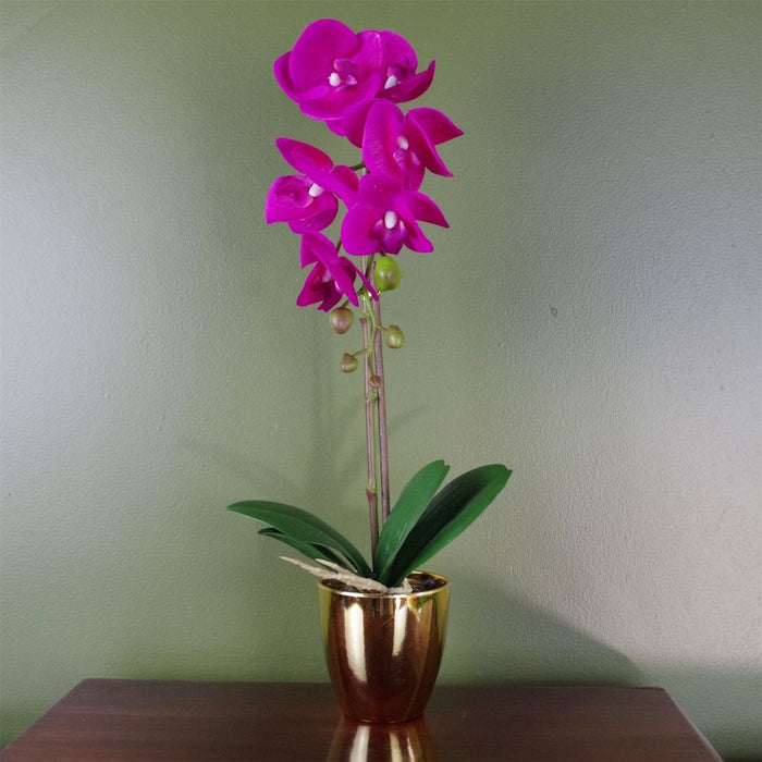 Premium 46cm Artificial Orchid - Dark Pink & Gold - Real Touch Leaves & Flowers - Plastic Decorative Pot - High-Quality Craftsmanship