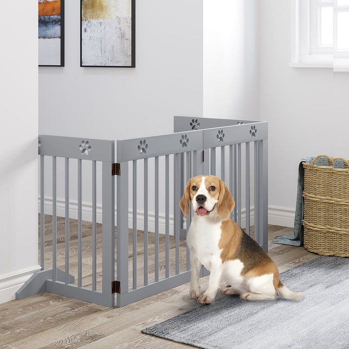 PawHut Dog Barrier 4-Piece 204 x 61 cm Foldable Door Safety Gate with 2 Support Feet, Freestanding Dog Gate, Wooden Stair Gate for Hallway, Stairs, Light Grey