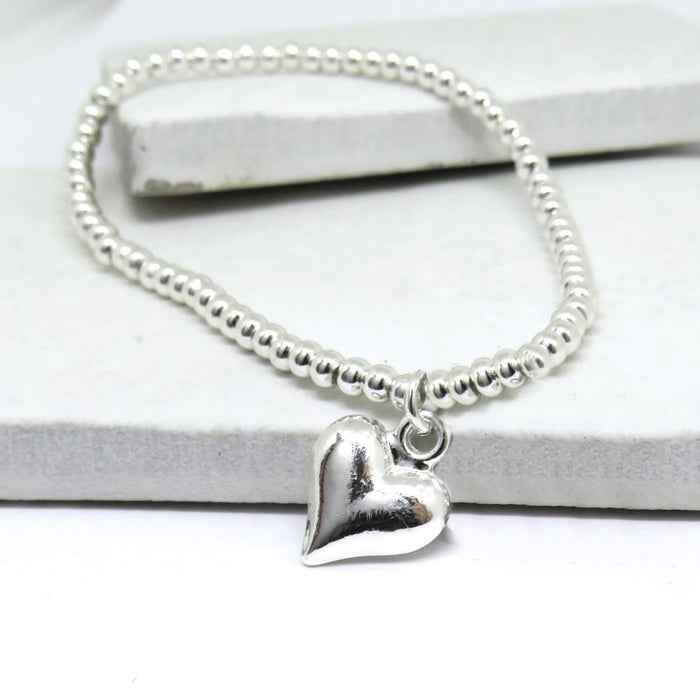 Puff Heart Silver Beaded Stretch Bracelet | Premium Quality