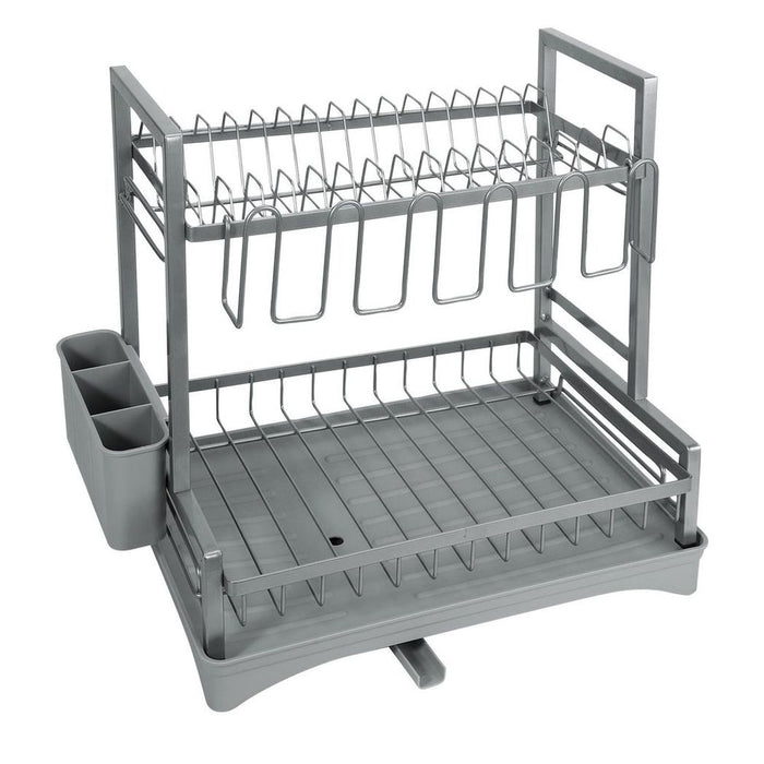 Vinsani Dish Drying Drainer Rack 2 Tier Space Saving Dish Rack Modern Kitchen Drying Rack with Cutlery Holder Auto Drainage System Dish Draining Rack for Kitchen Countertop (Grey)