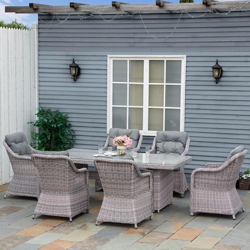 7 PCS Patio PE Rattan Wicker Dining Table Set Furniture w/ Tempered Glass