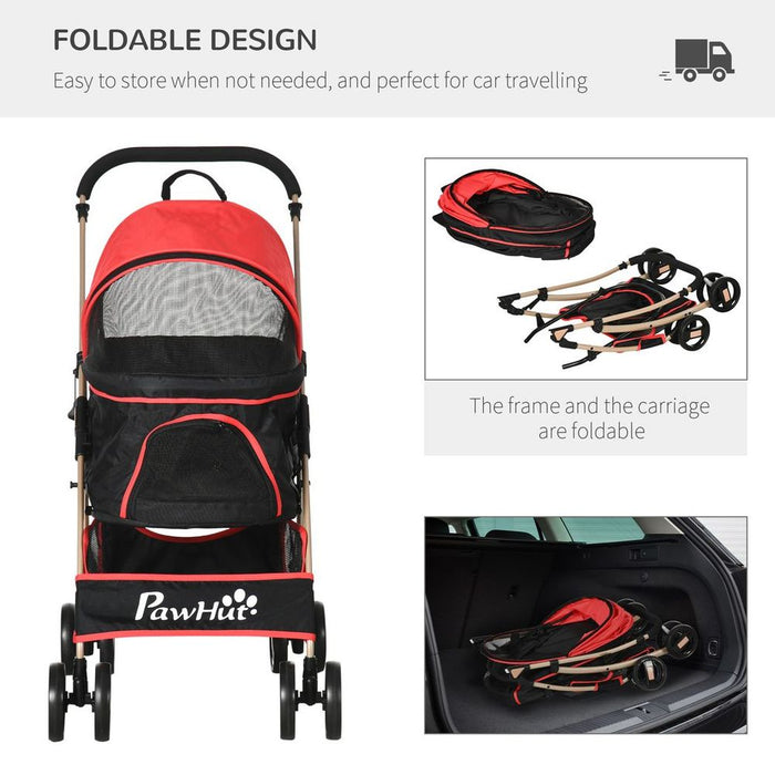 PawHut 3 In 1 Pet Stroller, Detachable Dog Cat Travel Carriage - Red