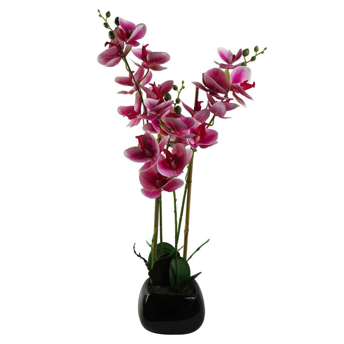 High Quality 70cm Dark Pink Artificial Orchid w/ Black Ceramic Planter - Natural Look, Fully Assembled - Leaf Design UK