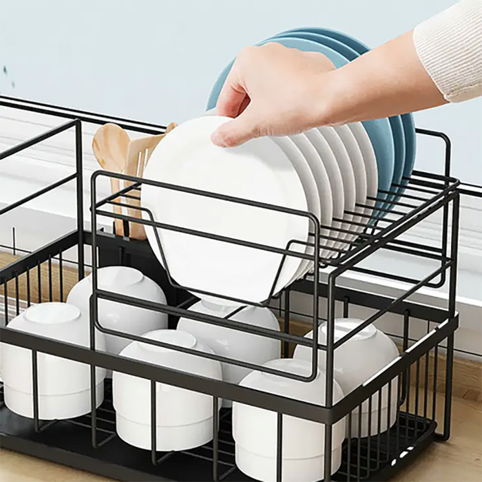 2 Tier Kitchen Sink Dish Drainer Rack with Drip Tray Cutlery Holder Plate UK