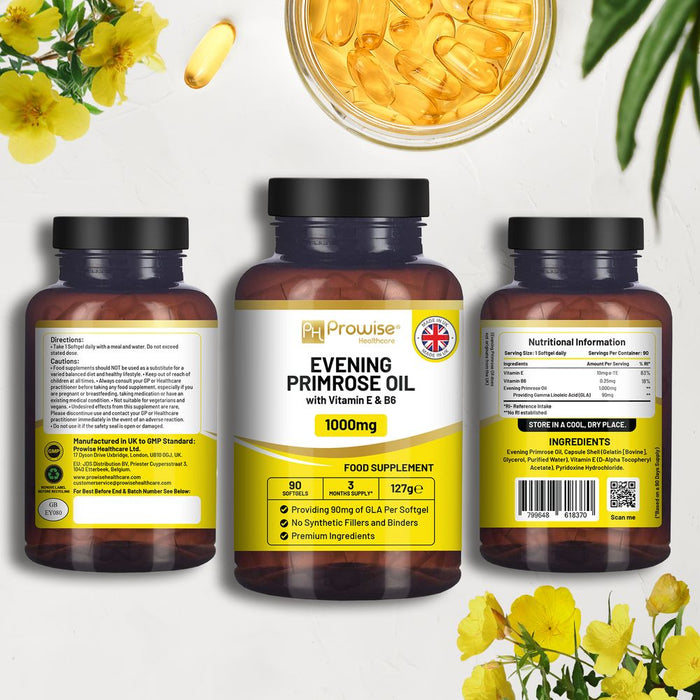 Evening Primrose Oil 1000mg | 90 Softgel Capsules | Pure Cold Pressed I 90mg GLA per Capsule I Halal Friendly