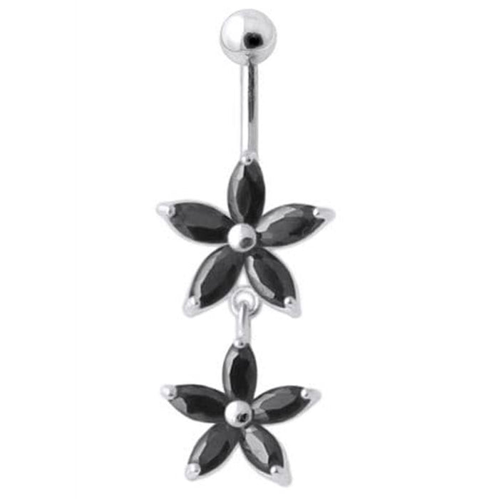 Jeweled Multi Flower Silver Dangling Belly Button Ring