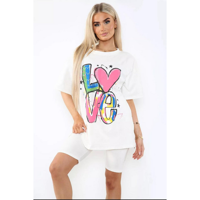 Cycling Short and T-Shirts Co-Ord Two Piece Side Slit Set with Front Printed Slogan