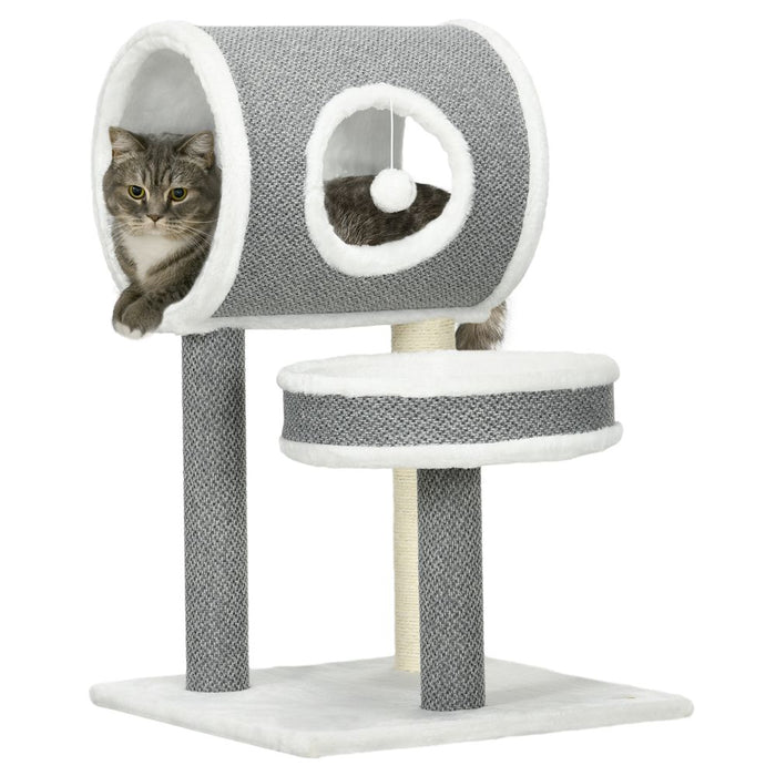 PawHut Cat Tower & Scratching Post Combo - Ultimate Play Haven, Comfy Bed & Tunnel, Toy Ball - High-Quality, White