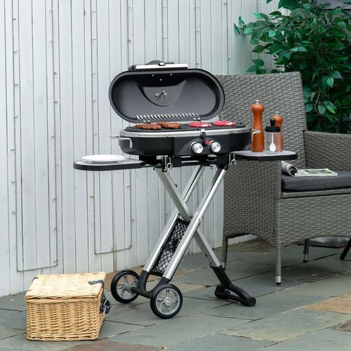 Foldable 2 Burner Gas BBQ Grill Trolley w/ Side Shelves Storage Pocket