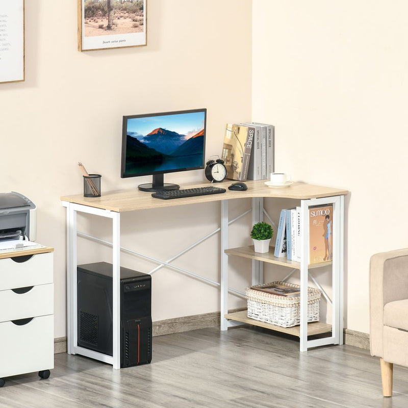 HOMCOM Folding Desk, L Shaped Desk, Corner Computer Desk with 2-Tier Storage Shelf for Home Office, Study Room, Workstation, Easy Assembly, 120 x 72.5 x 76.5cm, Oak Tone