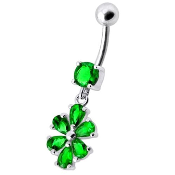 Fancy  Flower Jeweled Silver Dangling With SS Bar Navel Ring