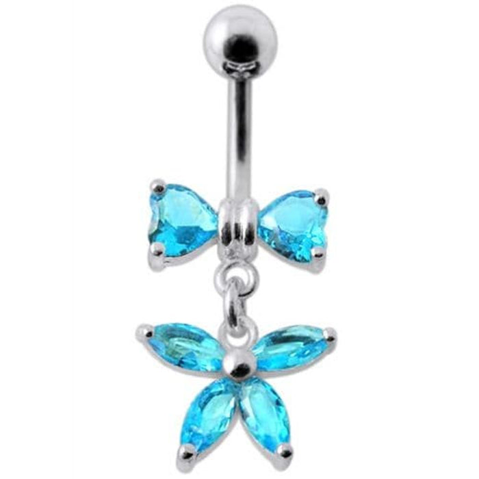 Fancy Jeweled Butterfly with Bow Dangling Surgical Grade Steel Belly Ring